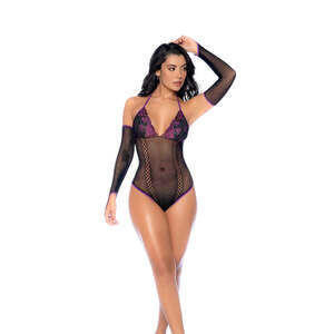 Mapale - Whispered Lace Fishnet Bodysuit  - Black/Purple